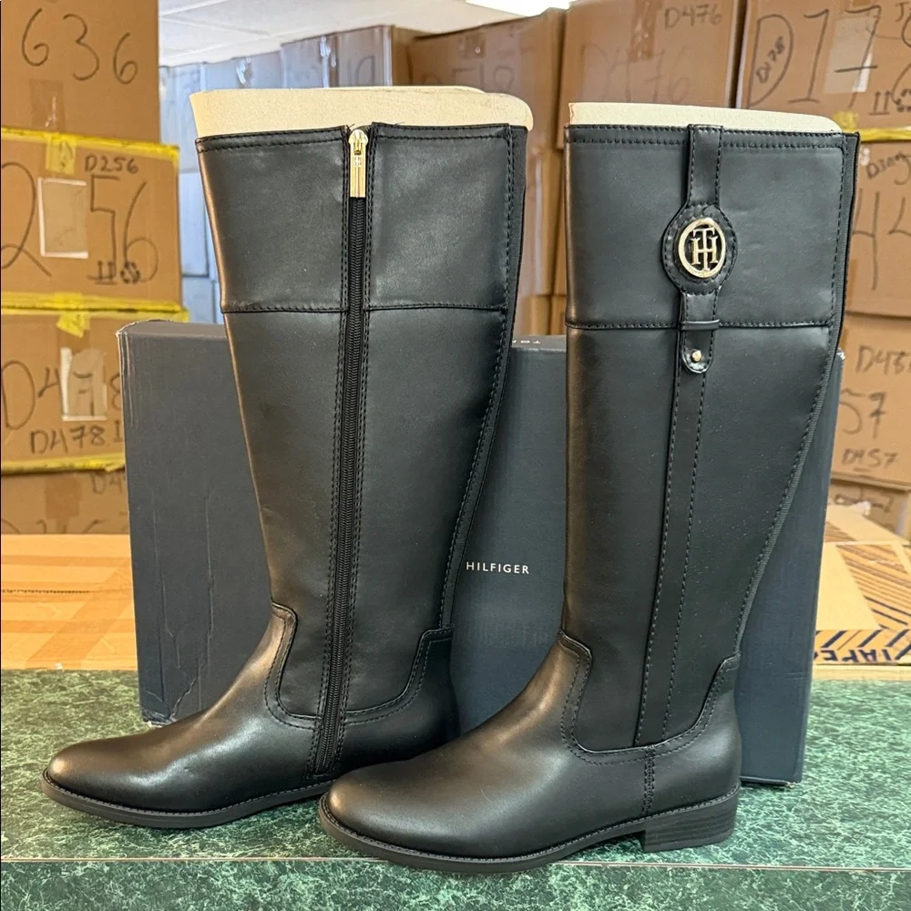 Tommy Hilfiger Black Knee-High Riding Boots with Logo Accent